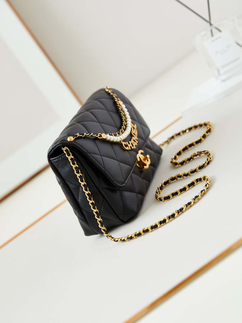 Chanel AS5011 Flap bag Shiny Lambskin Imitation Pearls & Gold-Tone Metal Black - Default Title - View 3