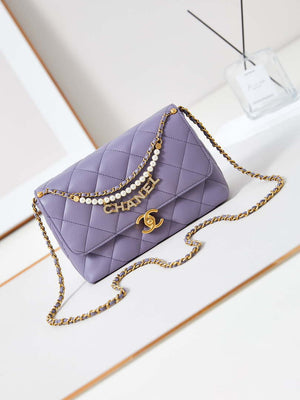 Chanel AS5011 Flap bag Shiny Lambskin Imitation Pearls & Gold-Tone Metal Light Purple - Default Title - View 1