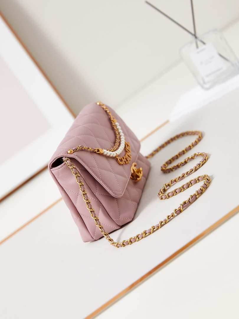 Chanel AS5011 Flap bag Shiny Lambskin Imitation Pearls & Gold-Tone Metal Pink - Default Title - View 3