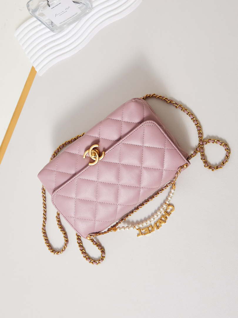 Chanel AS5011 Flap bag Shiny Lambskin Imitation Pearls & Gold-Tone Metal Pink - Default Title - View 7