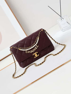 Chanel AS5011 Flap bag Shiny Lambskin Imitation Pearls & Gold-Tone Metal Wine Red - Default Title - View 1