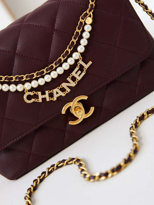 Chanel AS5011 Flap bag Shiny Lambskin Imitation Pearls & Gold-Tone Metal Wine Red - Default Title - View 2