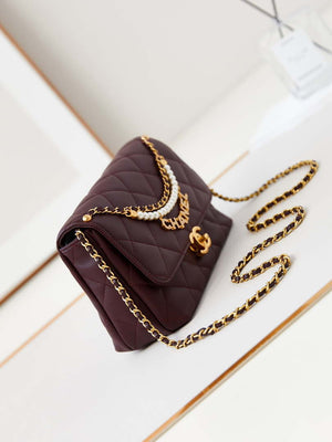 Chanel AS5011 Flap bag Shiny Lambskin Imitation Pearls & Gold-Tone Metal Wine Red - Default Title - View 3