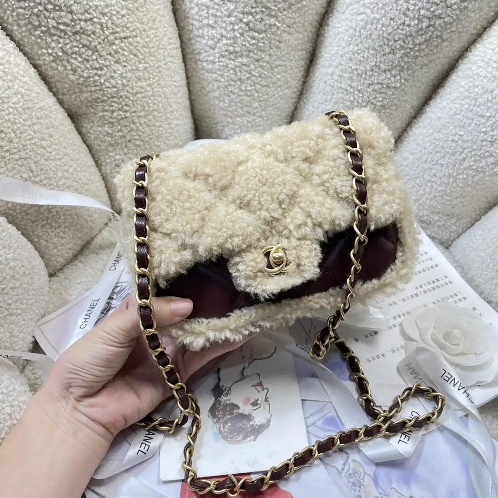Chanel AS5148 Mini Flap Bag Shearling Lambskin & Gold-Tone Metal wine Red