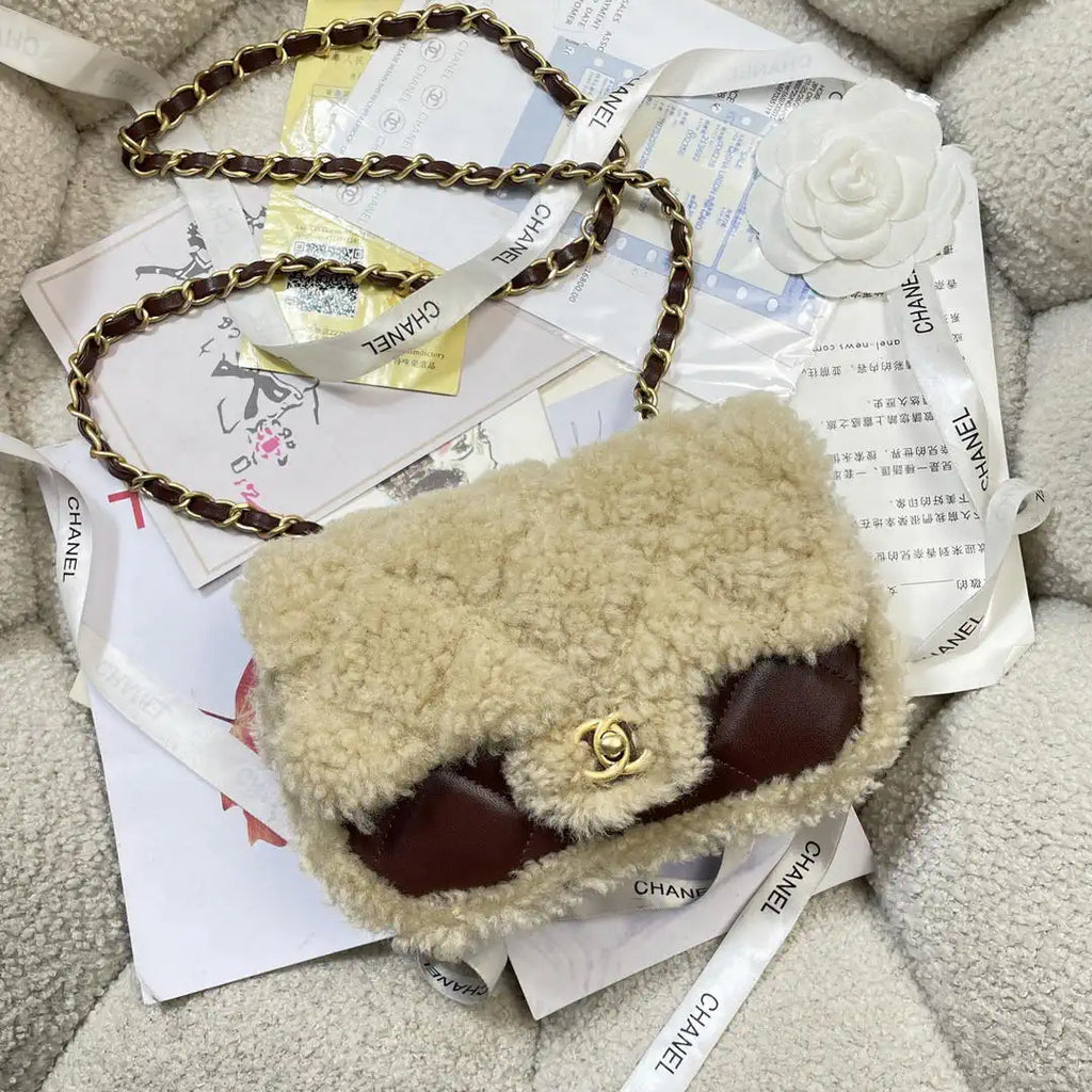 Chanel AS5148 Mini Flap Bag Shearling Lambskin & Gold-Tone Metal wine Red