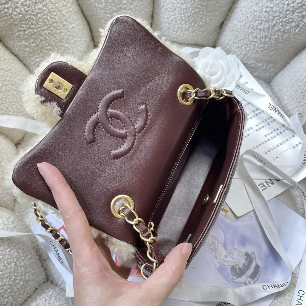 Chanel AS5148 Mini Flap Bag Shearling Lambskin & Gold-Tone Metal wine Red