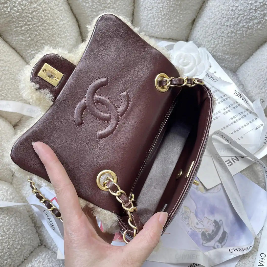 Chanel AS5148 Mini Flap Bag Shearling Lambskin & Gold-Tone Metal wine Red