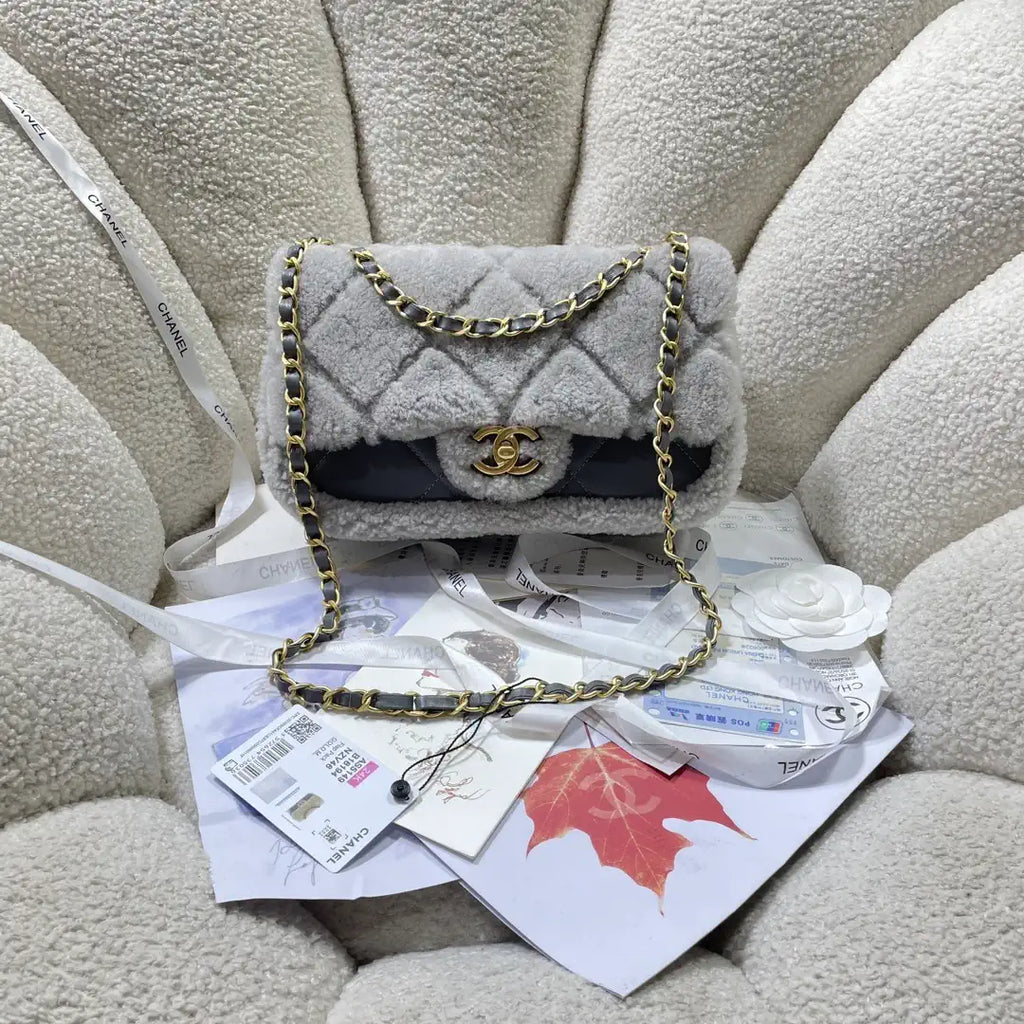Chanel AS5148 Mini Flap Bag Shearling Lambskin & Gold-Tone Metal Gray