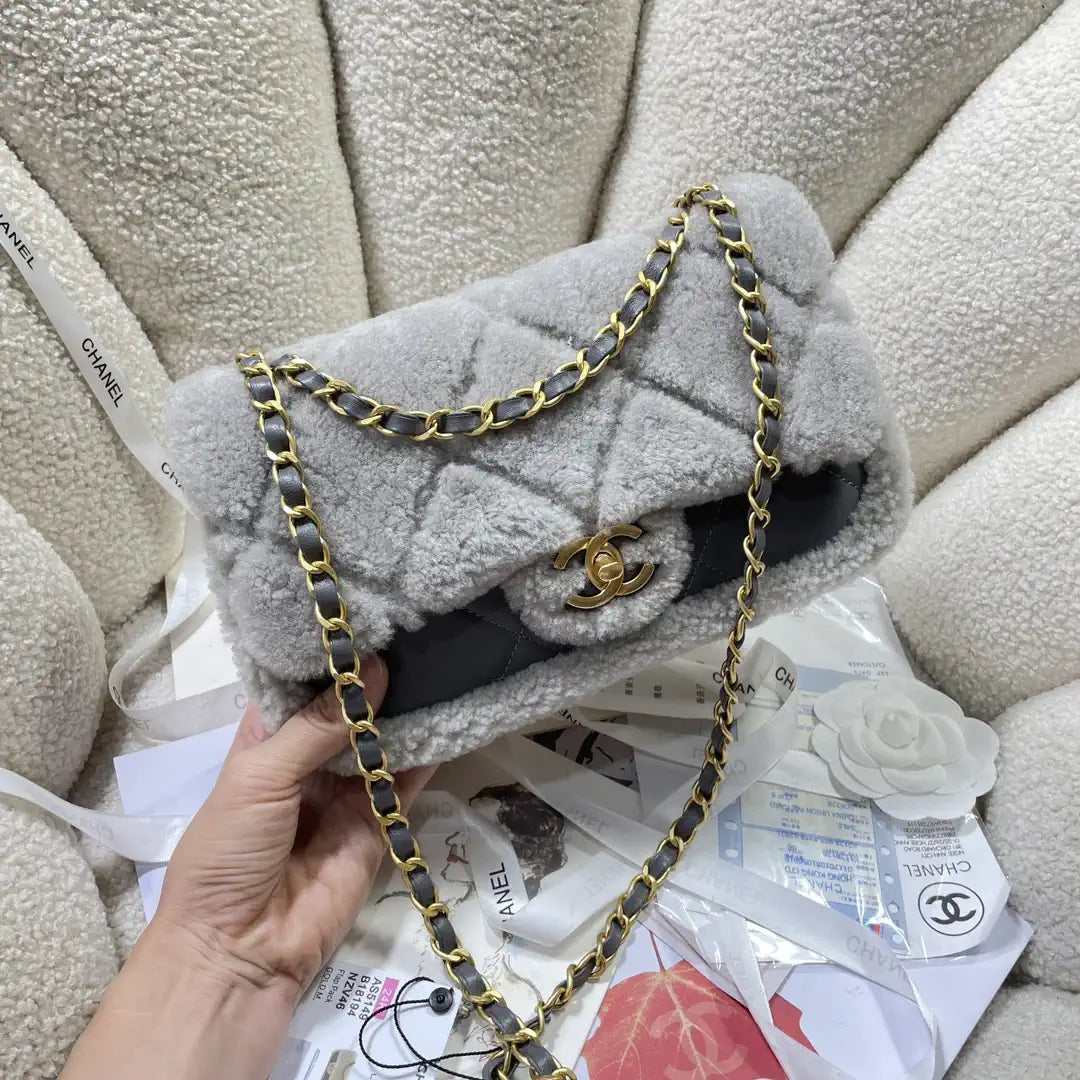 Chanel AS5148 Mini Flap Bag Shearling Lambskin & Gold-Tone Metal Gray