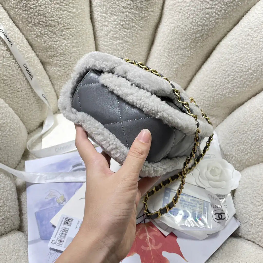 Chanel AS5148 Mini Flap Bag Shearling Lambskin & Gold-Tone Metal Gray