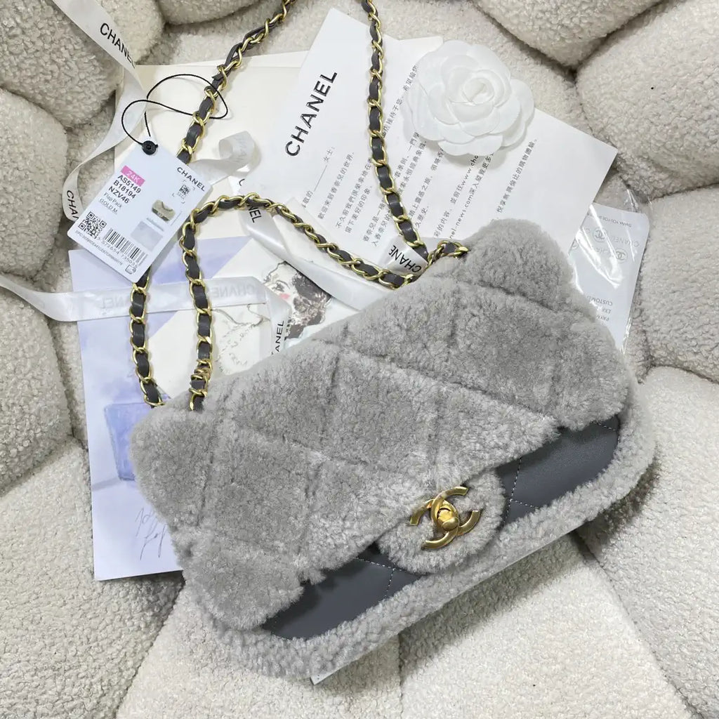 Chanel AS5148 Mini Flap Bag Shearling Lambskin & Gold-Tone Metal Gray
