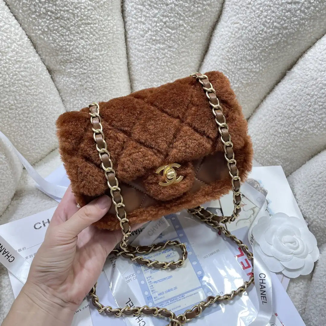 Chanel AS5148 Mini Flap Bag Shearling Lambskin & Gold-Tone Metal Brown