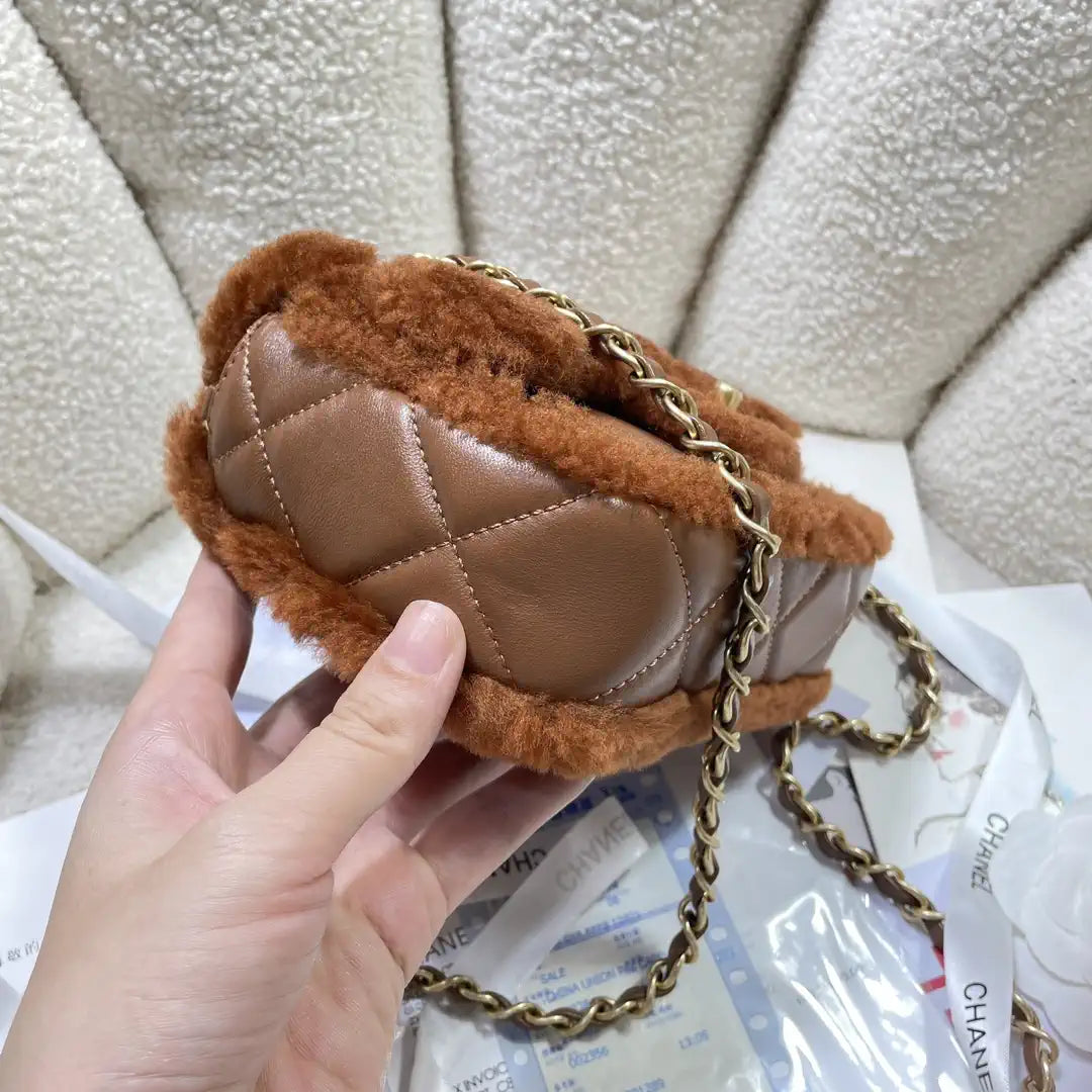 Chanel AS5148 Mini Flap Bag Shearling Lambskin & Gold-Tone Metal Brown