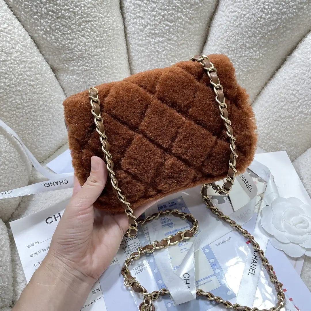Chanel AS5148 Mini Flap Bag Shearling Lambskin & Gold-Tone Metal Brown
