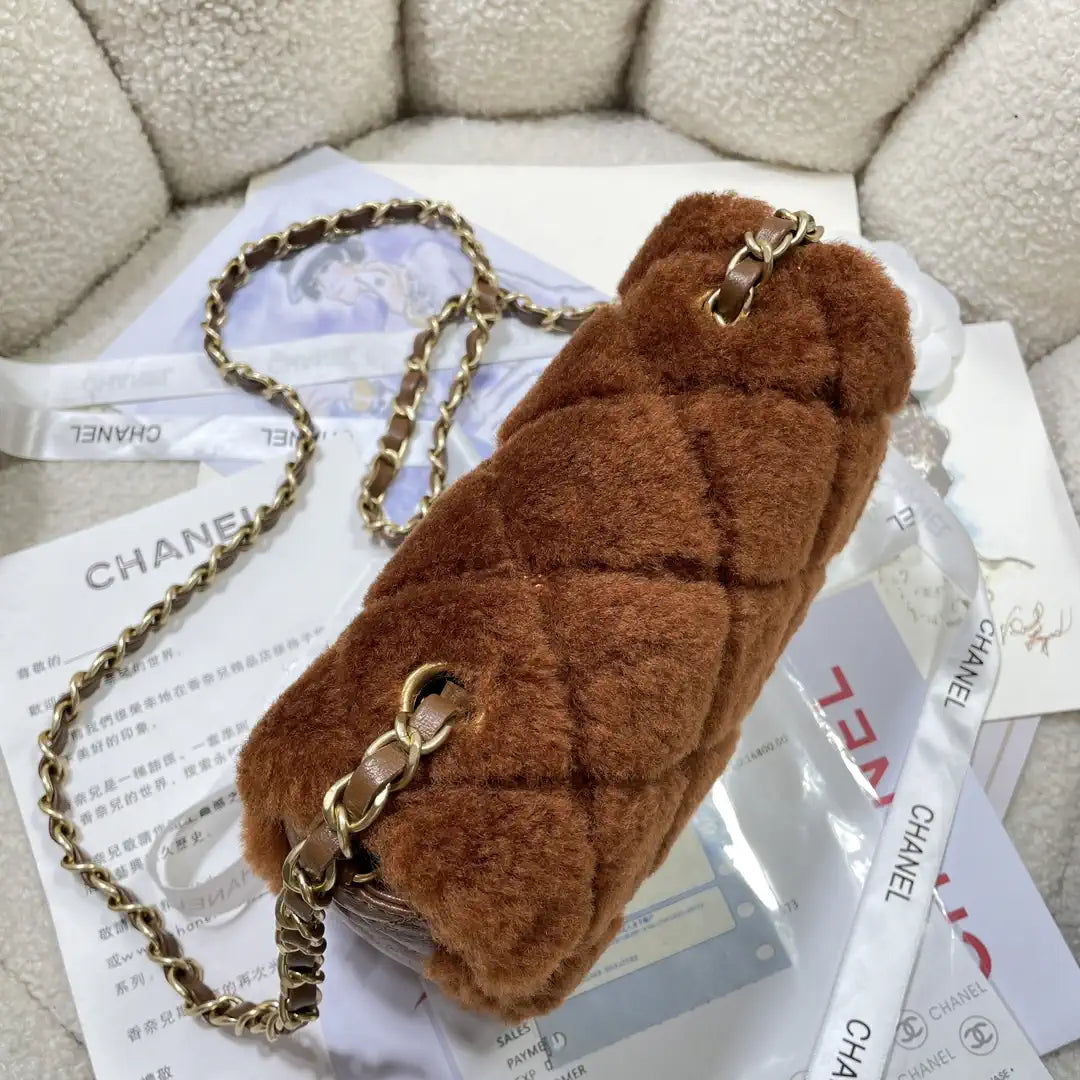 Chanel AS5148 Mini Flap Bag Shearling Lambskin & Gold-Tone Metal Brown