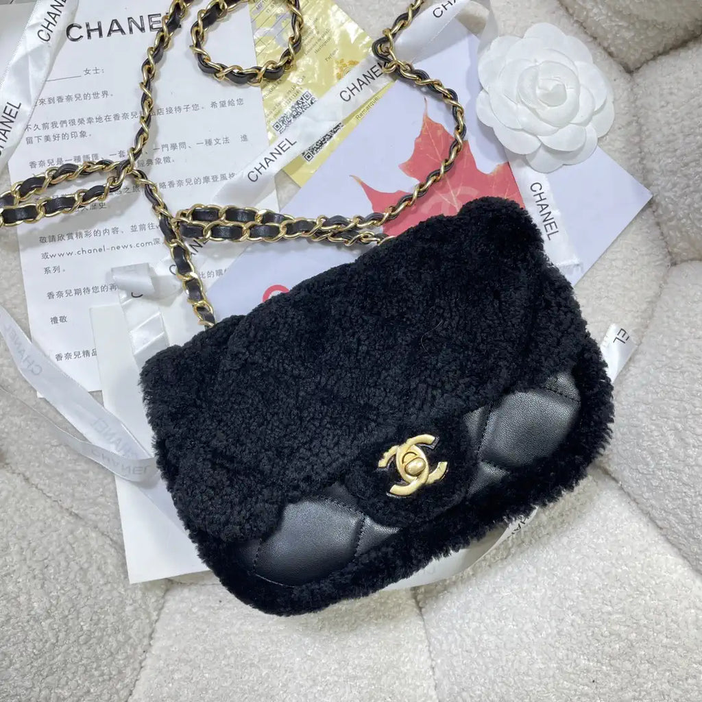 Chanel AS5148 Mini Flap Bag Shearling Lambskin & Gold-Tone Metal Black