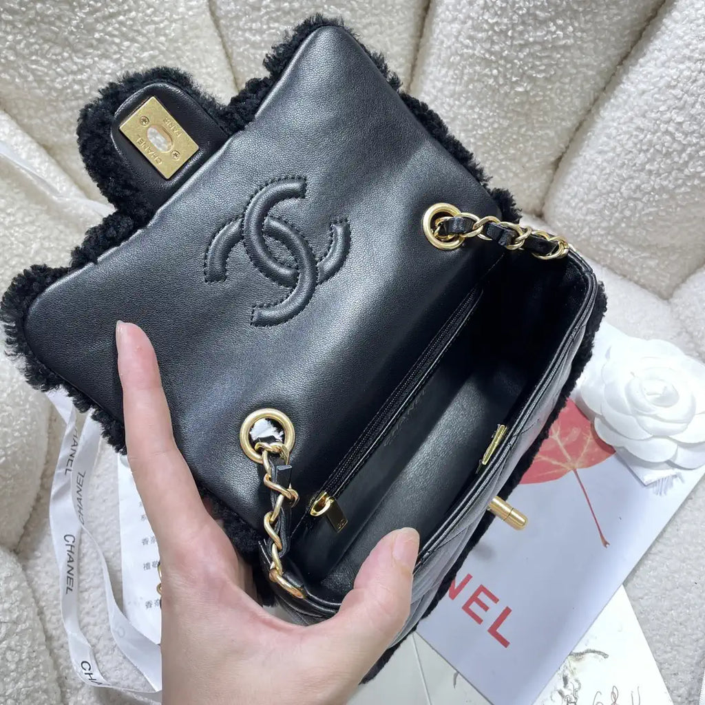 Chanel AS5148 Mini Flap Bag Shearling Lambskin & Gold-Tone Metal Black