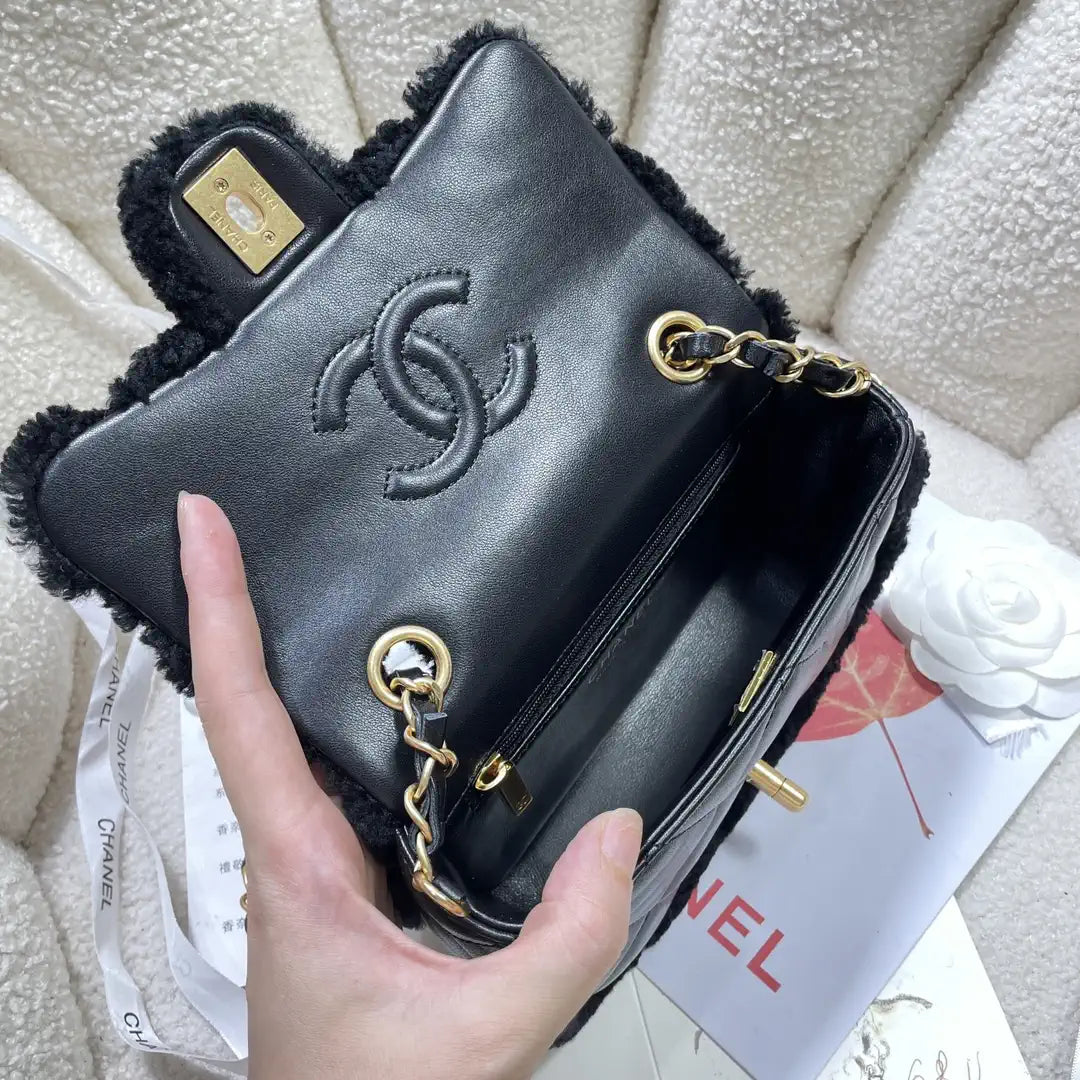 Chanel AS5148 Mini Flap Bag Shearling Lambskin & Gold-Tone Metal Black