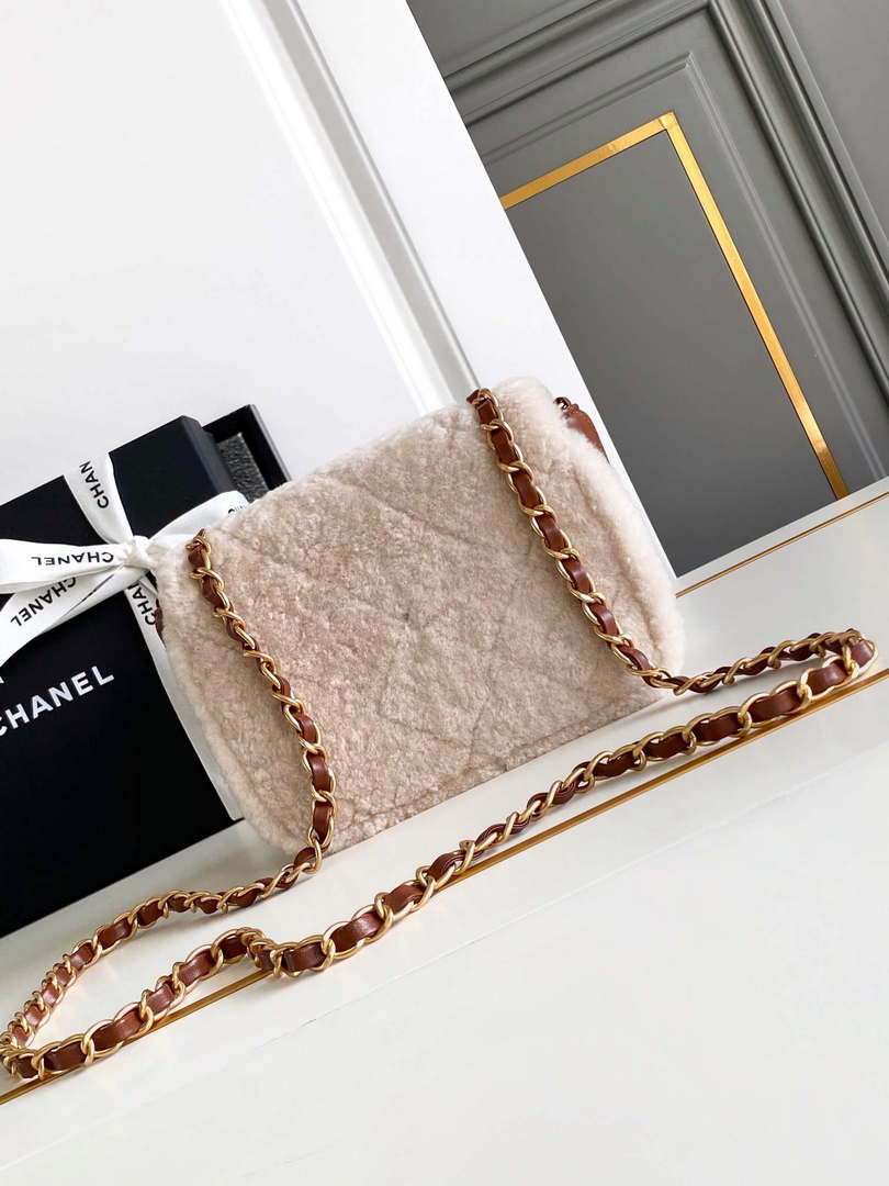 Chanel AS5148 Mini Flap Bag Shearling Lambskin & Gold-Tone Metal Beige & Brown