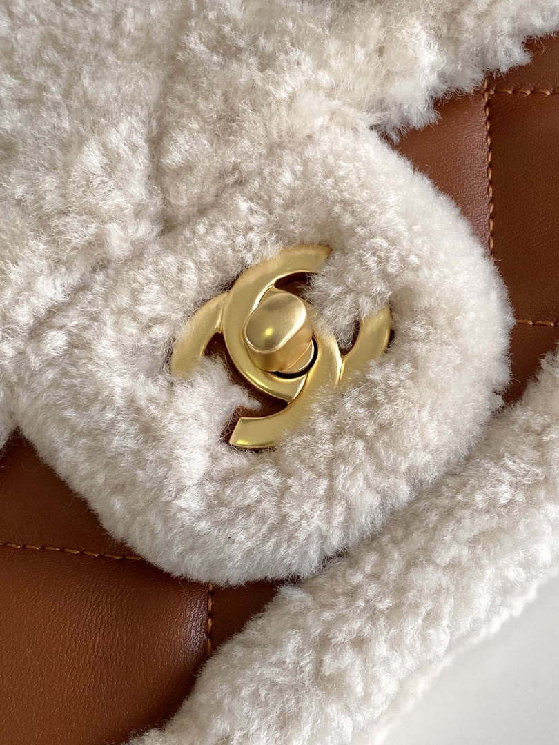 Chanel AS5148 Mini Flap Bag Shearling Lambskin & Gold-Tone Metal Beige & Brown