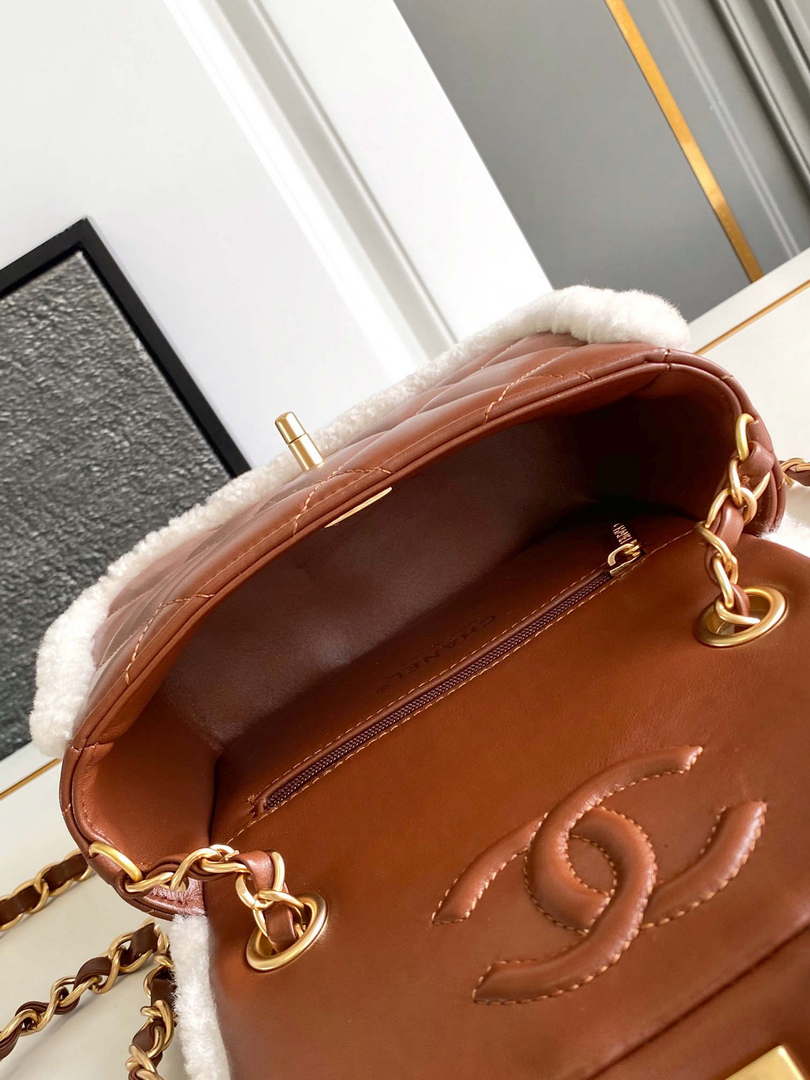 Chanel AS5148 Mini Flap Bag Shearling Lambskin & Gold-Tone Metal Beige & Brown - Default Title - View 7