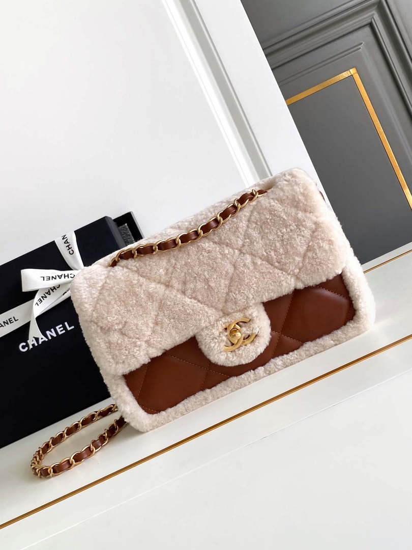 Chanel AS5149 Flap Bag Shearling Lambskin & Gold-Tone Metal Beige & Brown