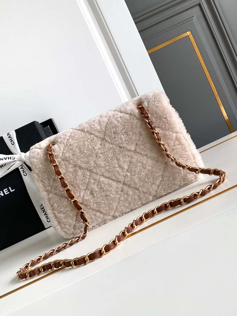 Chanel AS5149 Flap Bag Shearling Lambskin & Gold-Tone Metal Beige & Brown