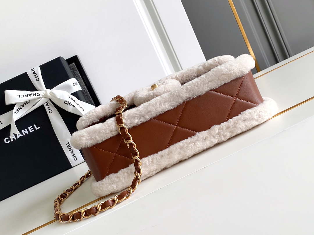 Chanel AS5149 Flap Bag Shearling Lambskin & Gold-Tone Metal Beige & Brown
