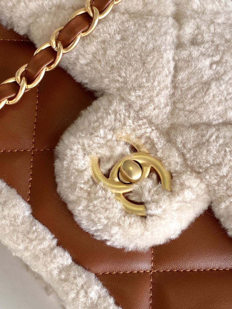 Chanel AS5149 Flap Bag Shearling Lambskin & Gold-Tone Metal Beige & Brown