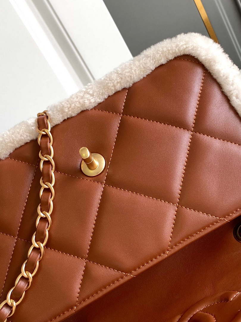 Chanel AS5149 Flap Bag Shearling Lambskin & Gold-Tone Metal Beige & Brown