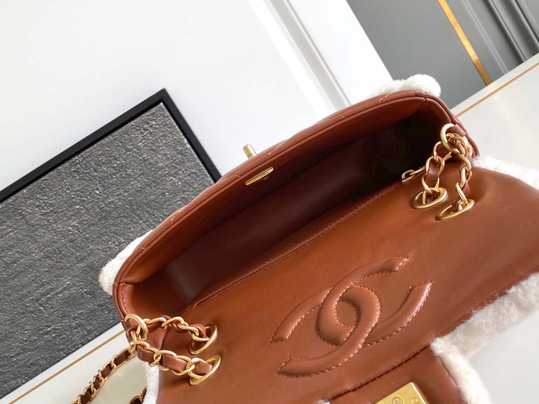 Chanel AS5149 Flap Bag Shearling Lambskin & Gold-Tone Metal Beige & Brown - Default Title - View 9