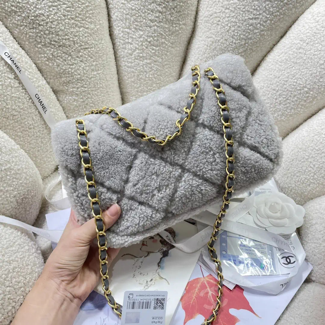 Chanel AS5149 Flap Bag Shearling Lambskin & Gold-Tone Metal Gray