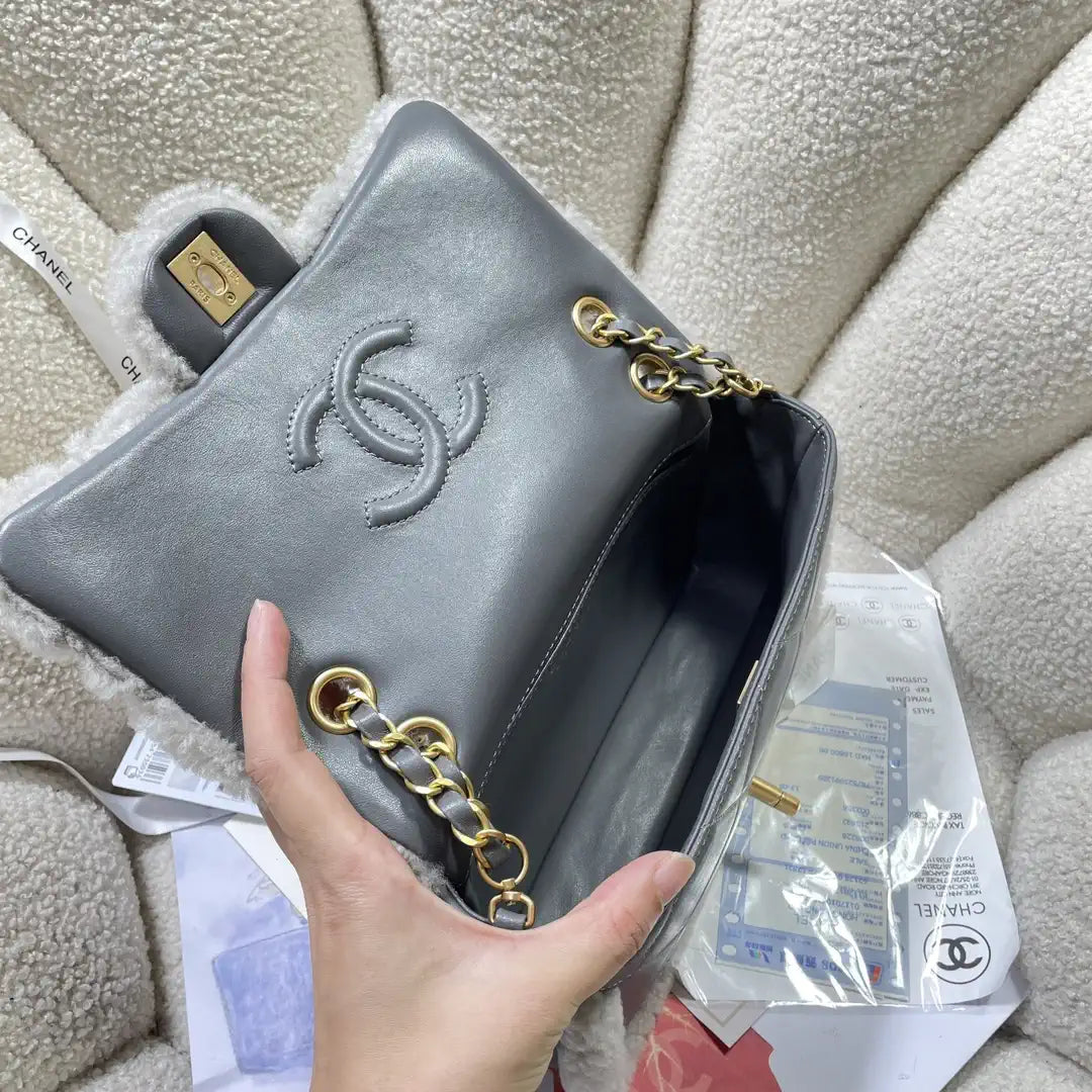 Chanel AS5149 Flap Bag Shearling Lambskin & Gold-Tone Metal Gray
