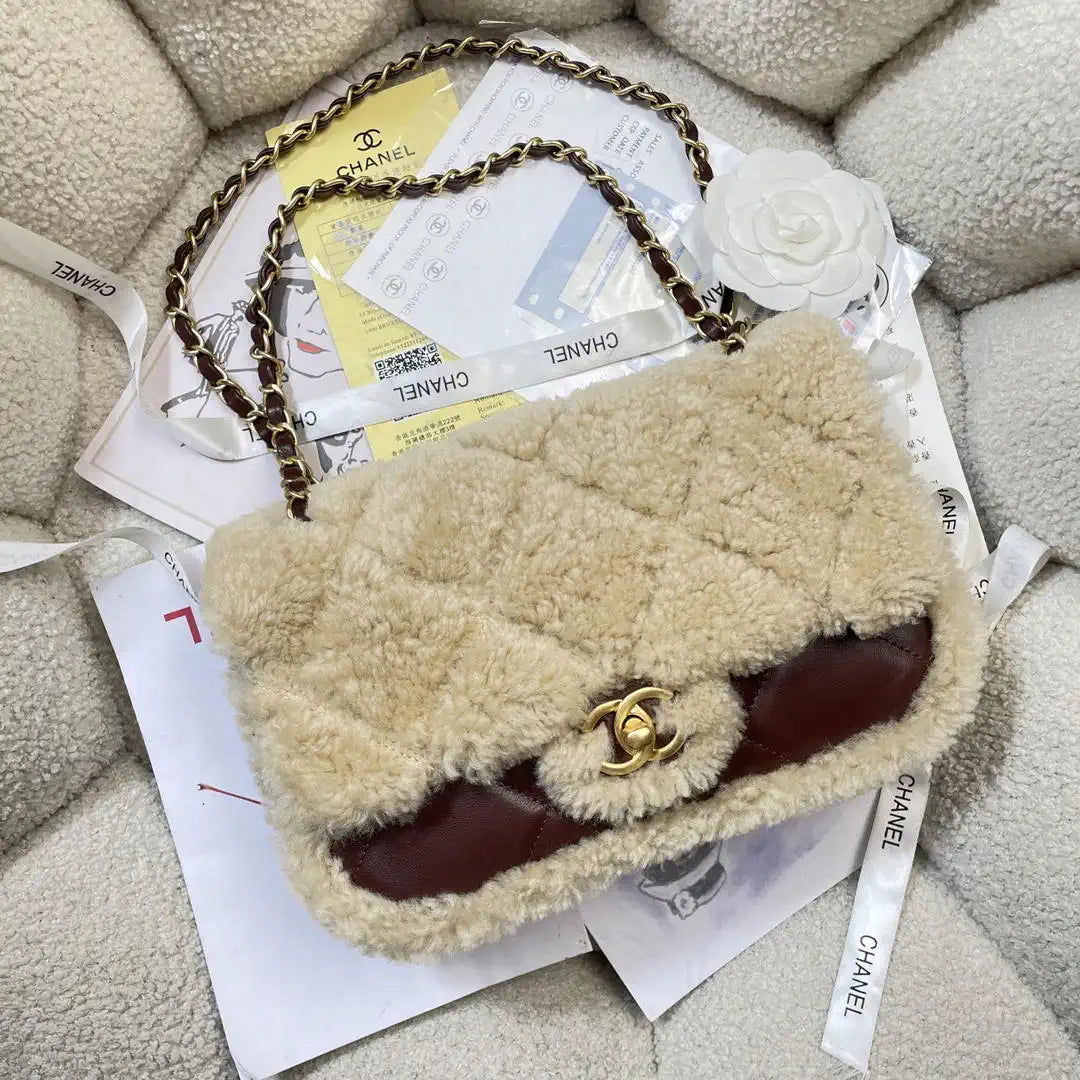 Chanel AS5149 Flap Bag Shearling Lambskin & Gold-Tone Metal Wine Red