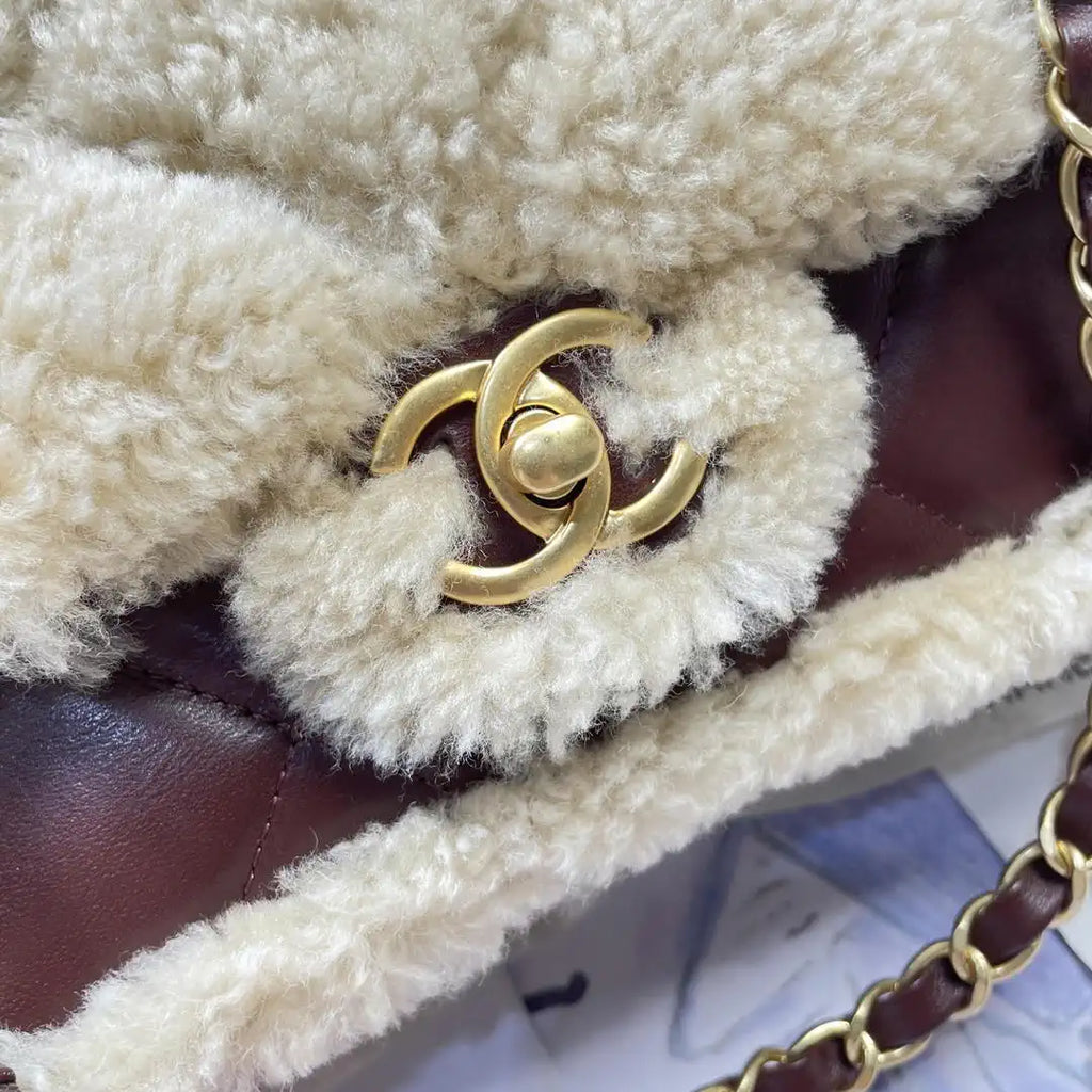 Chanel AS5149 Flap Bag Shearling Lambskin & Gold-Tone Metal Wine Red
