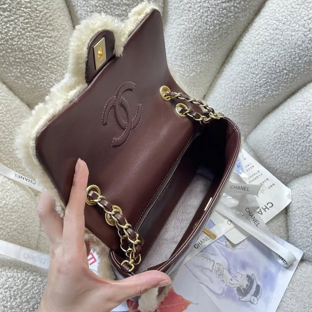 Chanel AS5149 Flap Bag Shearling Lambskin & Gold-Tone Metal Wine Red