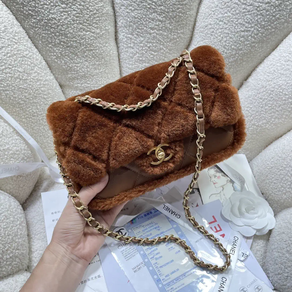 Chanel AS5149 Flap Bag Shearling Lambskin & Gold-Tone Metal Brown