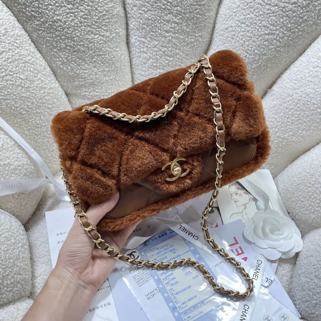 Chanel AS5149 Flap Bag Shearling Lambskin & Gold-Tone Metal Brown