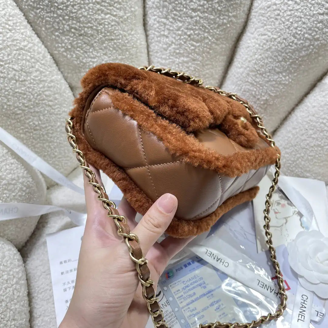 Chanel AS5149 Flap Bag Shearling Lambskin & Gold-Tone Metal Brown