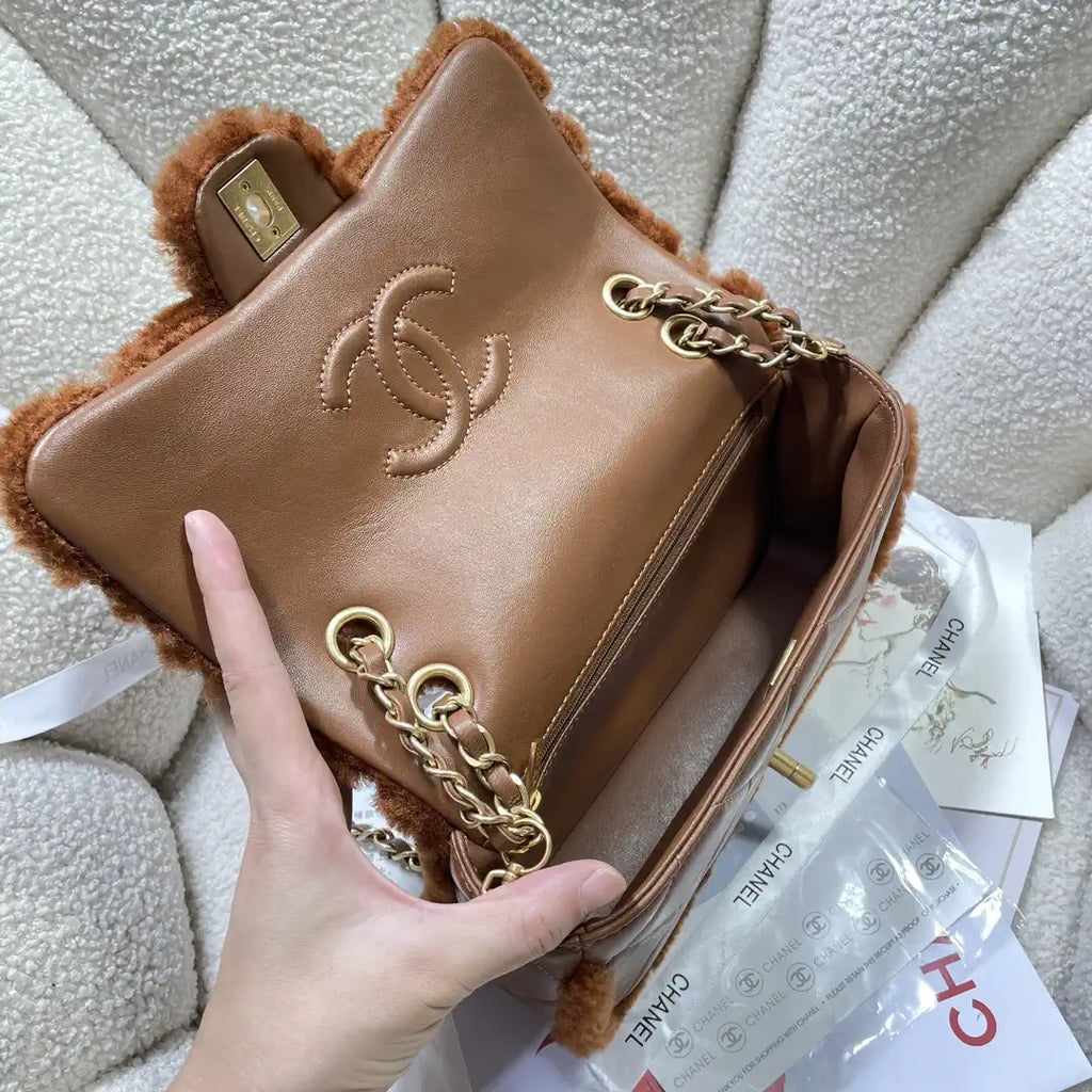 Chanel AS5149 Flap Bag Shearling Lambskin & Gold-Tone Metal Brown