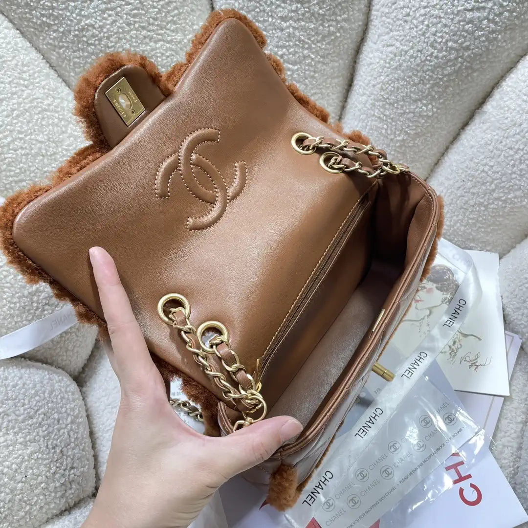 Chanel AS5149 Flap Bag Shearling Lambskin & Gold-Tone Metal Brown
