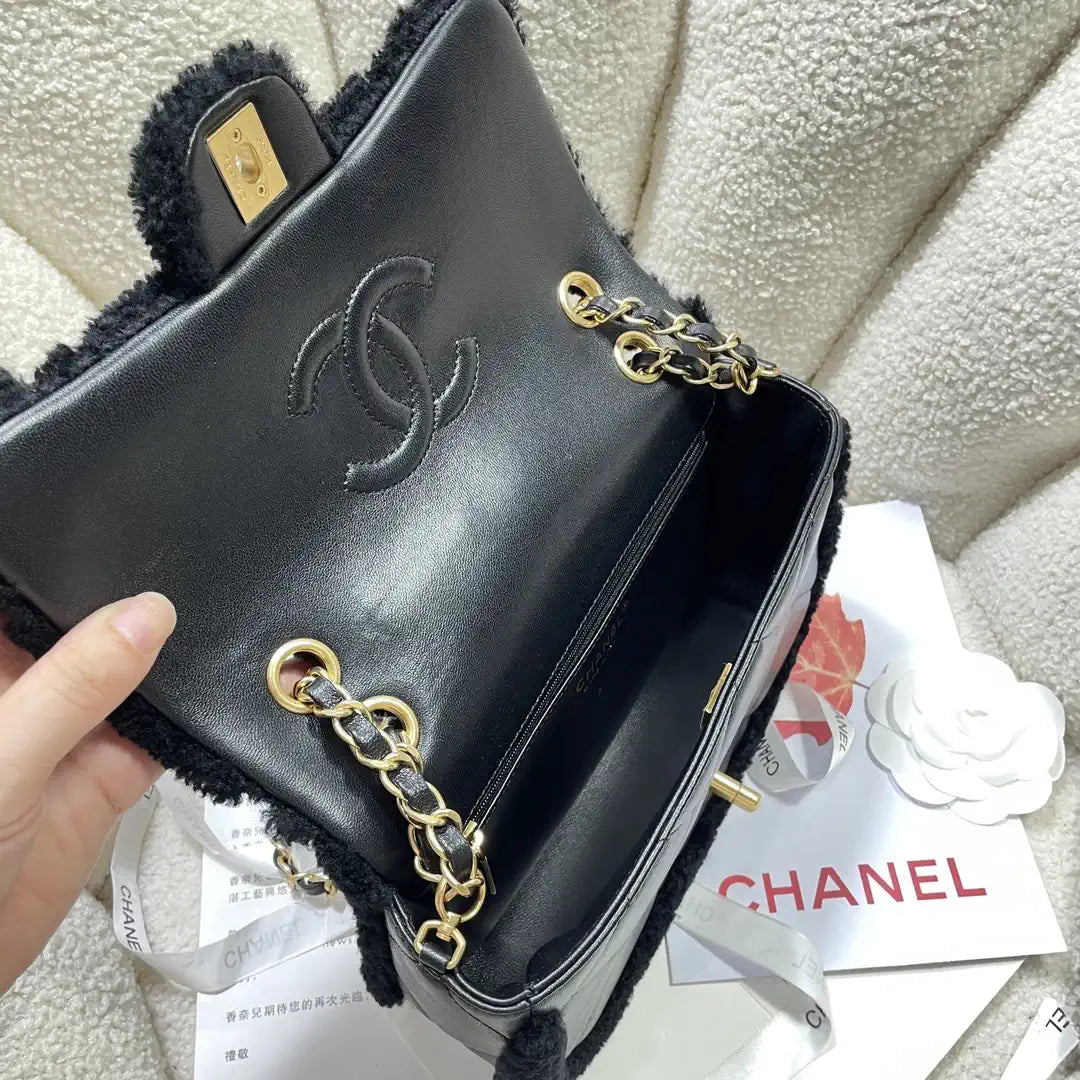 Chanel AS5149 Flap Bag Shearling Lambskin & Gold-Tone Metal Black
