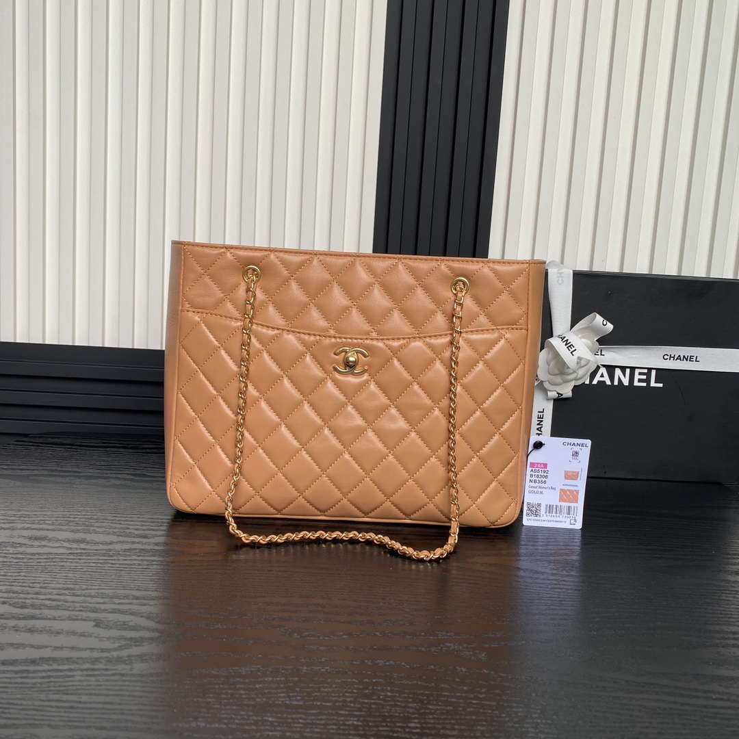 Chanel AS5192 Small Tote Shiny Lambskin & Gold-Tone Metal  Camel - Default Title - View 1