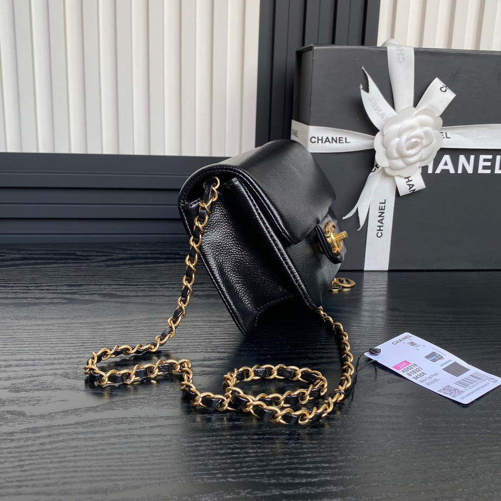 Chanel AS5218 Mini Flap Bag Grained Shiny Calfskin & Gold-Tone Metal Black