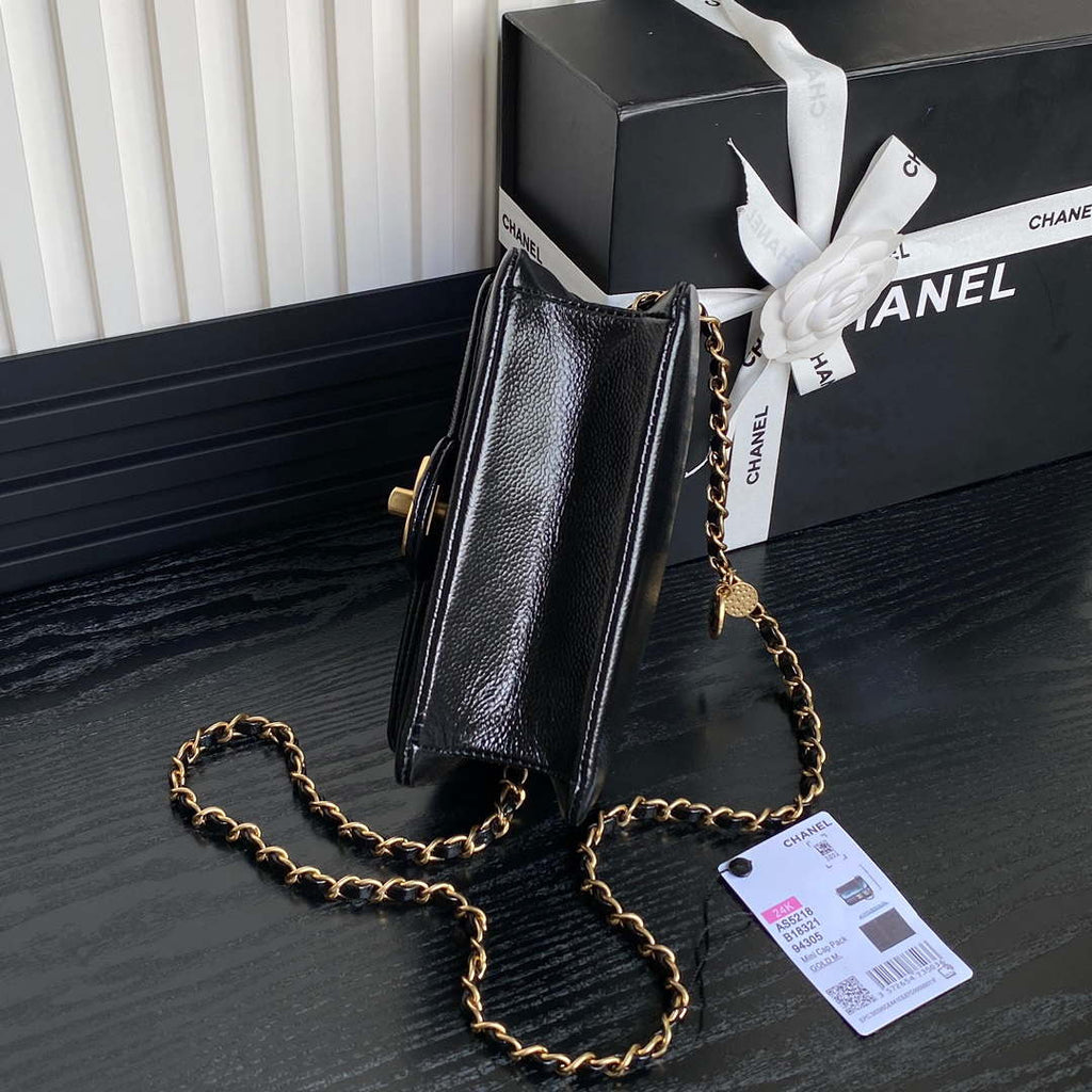 Chanel AS5218 Mini Flap Bag Grained Shiny Calfskin & Gold-Tone Metal Black