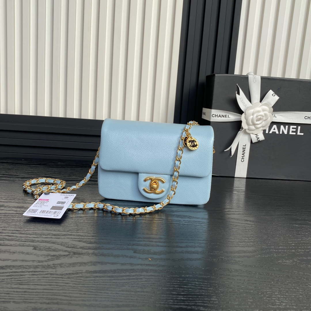 Chanel AS5218 Mini Flap Bag Grained Shiny Calfskin & Gold-Tone Metal Light Blue - Default Title - View 1