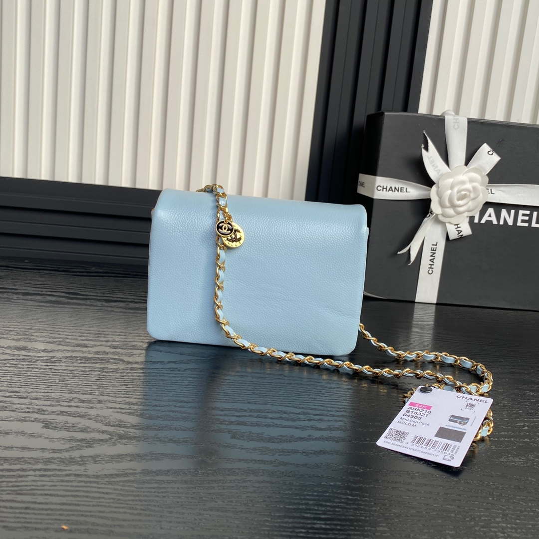 Chanel AS5218 Mini Flap Bag Grained Shiny Calfskin & Gold-Tone Metal Light Blue - Default Title - View 2