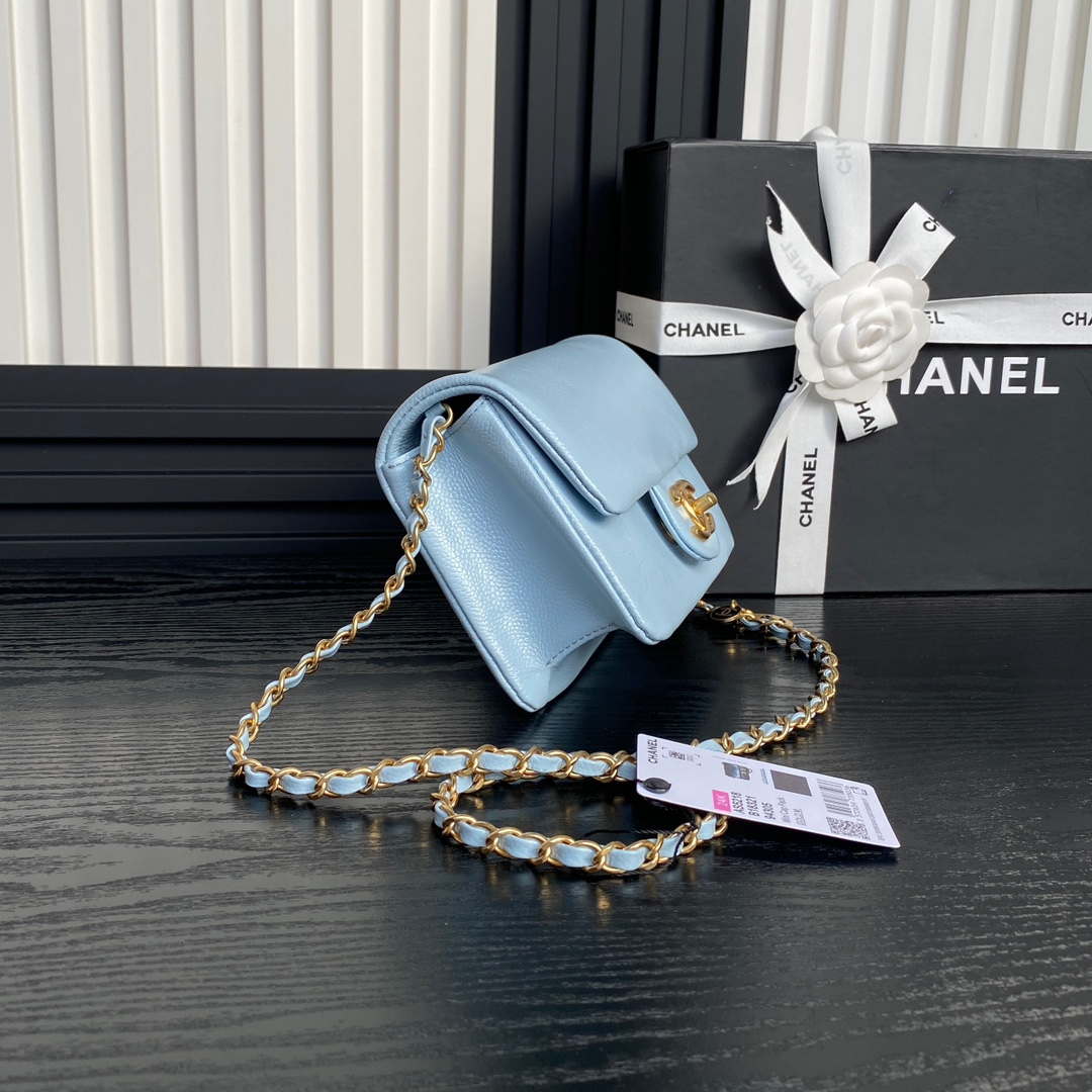 Chanel AS5218 Mini Flap Bag Grained Shiny Calfskin & Gold-Tone Metal Light Blue