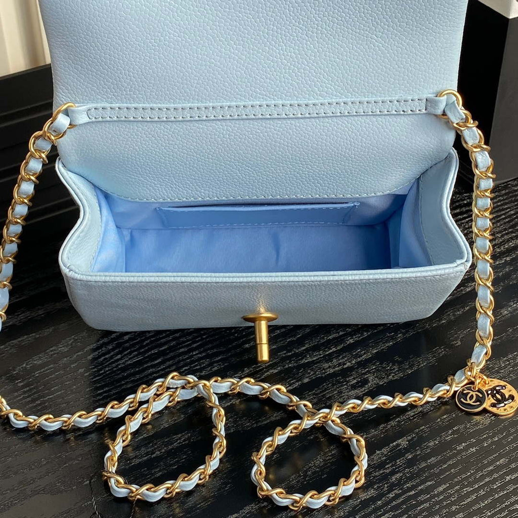 Chanel AS5218 Mini Flap Bag Grained Shiny Calfskin & Gold-Tone Metal Light Blue