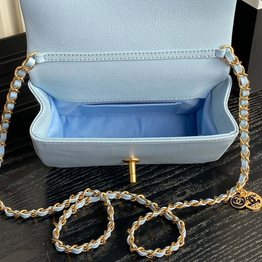 Chanel AS5218 Mini Flap Bag Grained Shiny Calfskin & Gold-Tone Metal Light Blue - Default Title - View 7